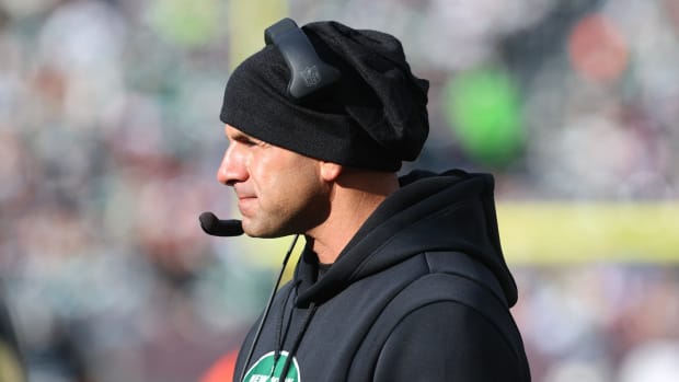 New York Jets head coach Robert Saleh stands on sideline